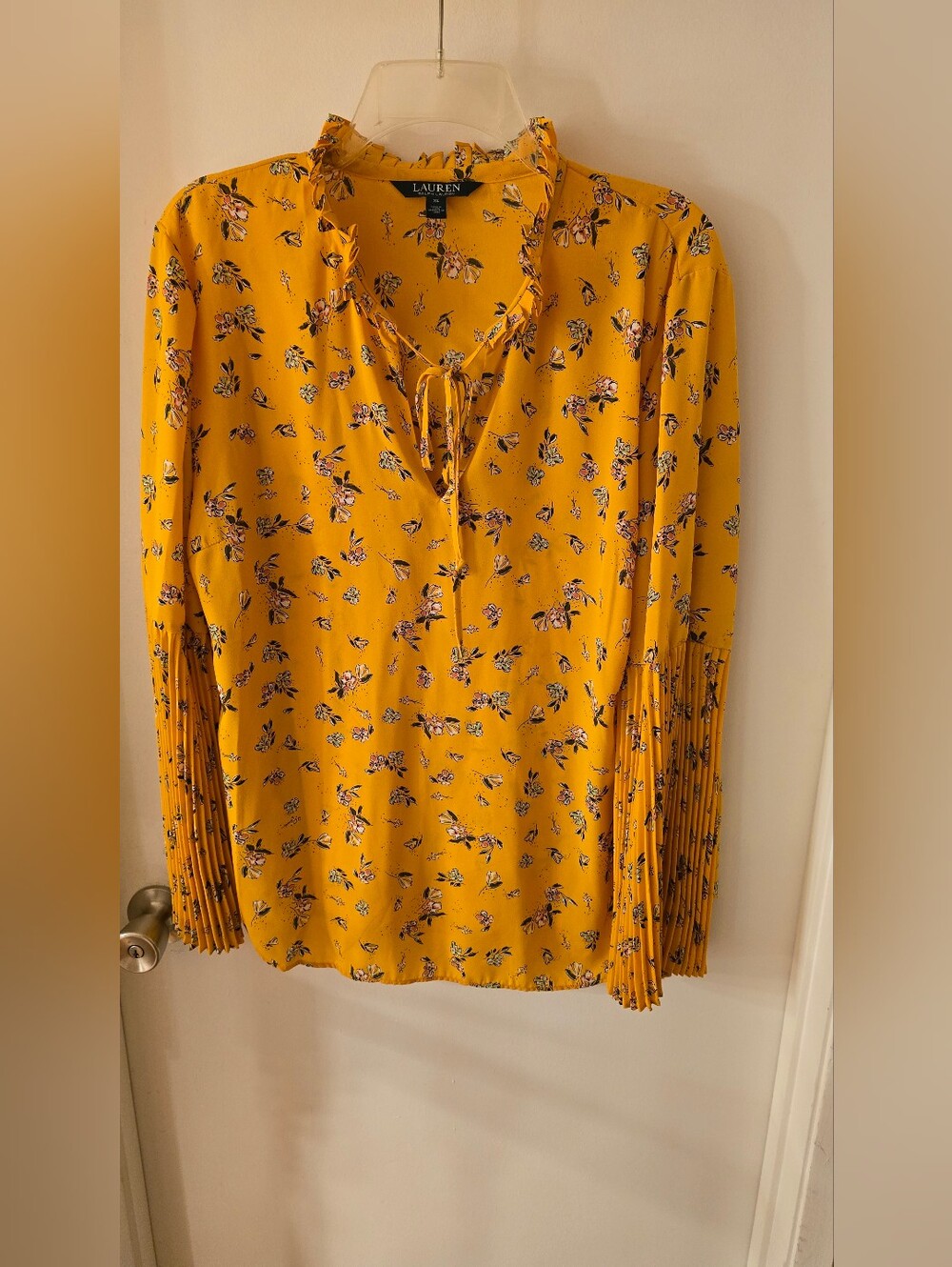 Lauren Ralph Lauren Mustard Yellow Floral Tie-Neck Blouse